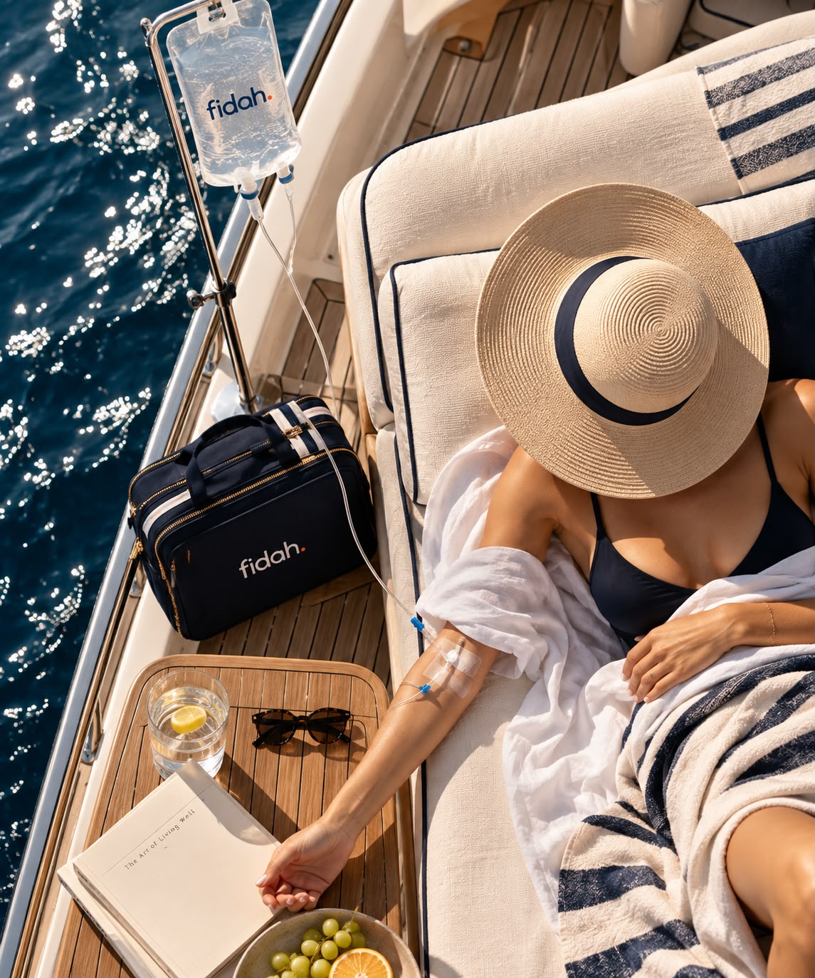 Imagem editorial da fidah. em um barco, com mar, chapéu e bolsa da marca